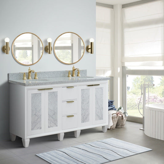61 in. Double Sink Vanity in White Finish with Gray Granite and Oval Sink, Tivoli Collection
