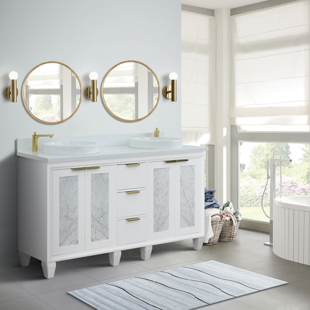 Trento 61 in. Double Sink Vanity in White Finish with White Engineered Stone Top, Round Sinks