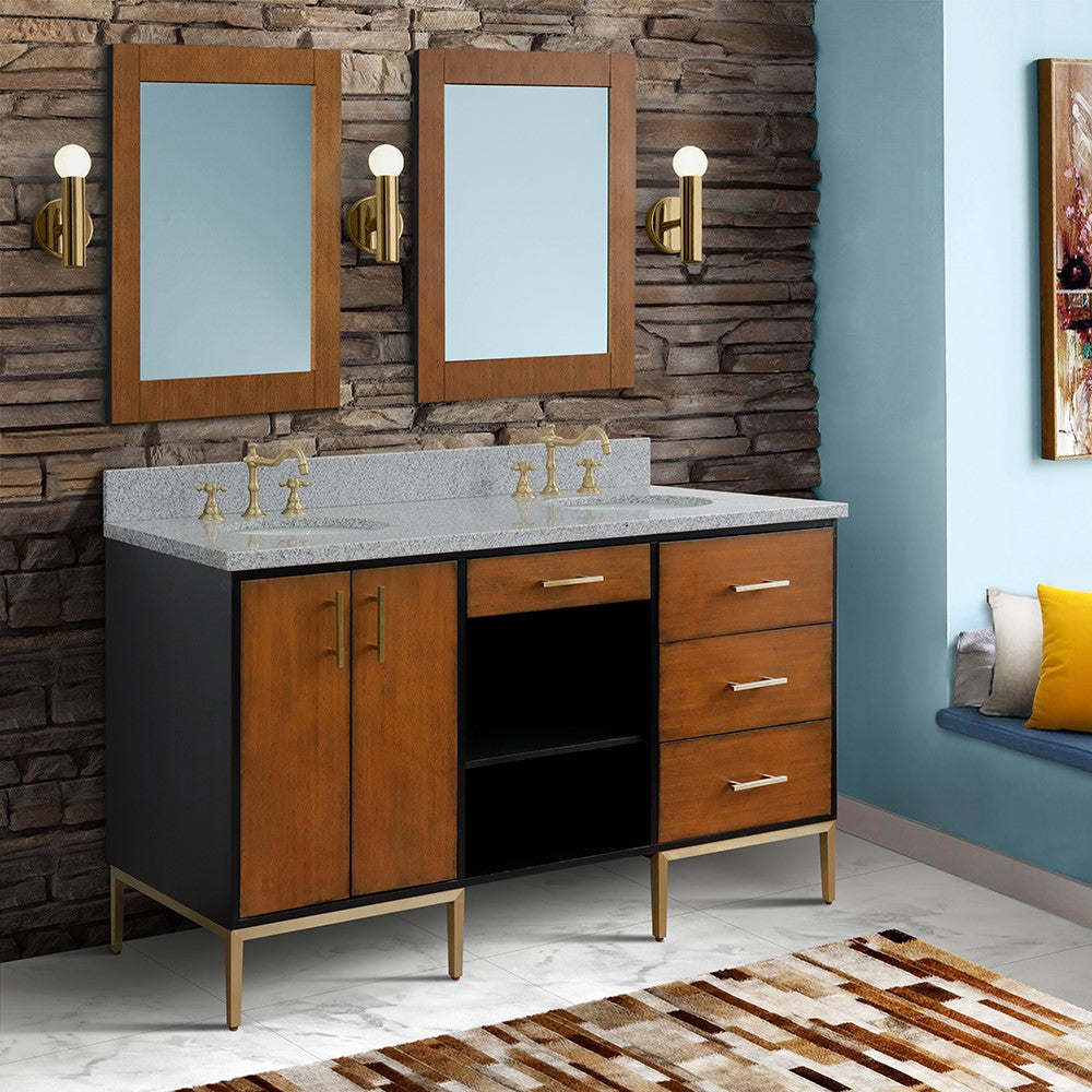 61 in. Double Sink Vanity in Walnut and Black Finish and Gray Granite and Oval Sinks