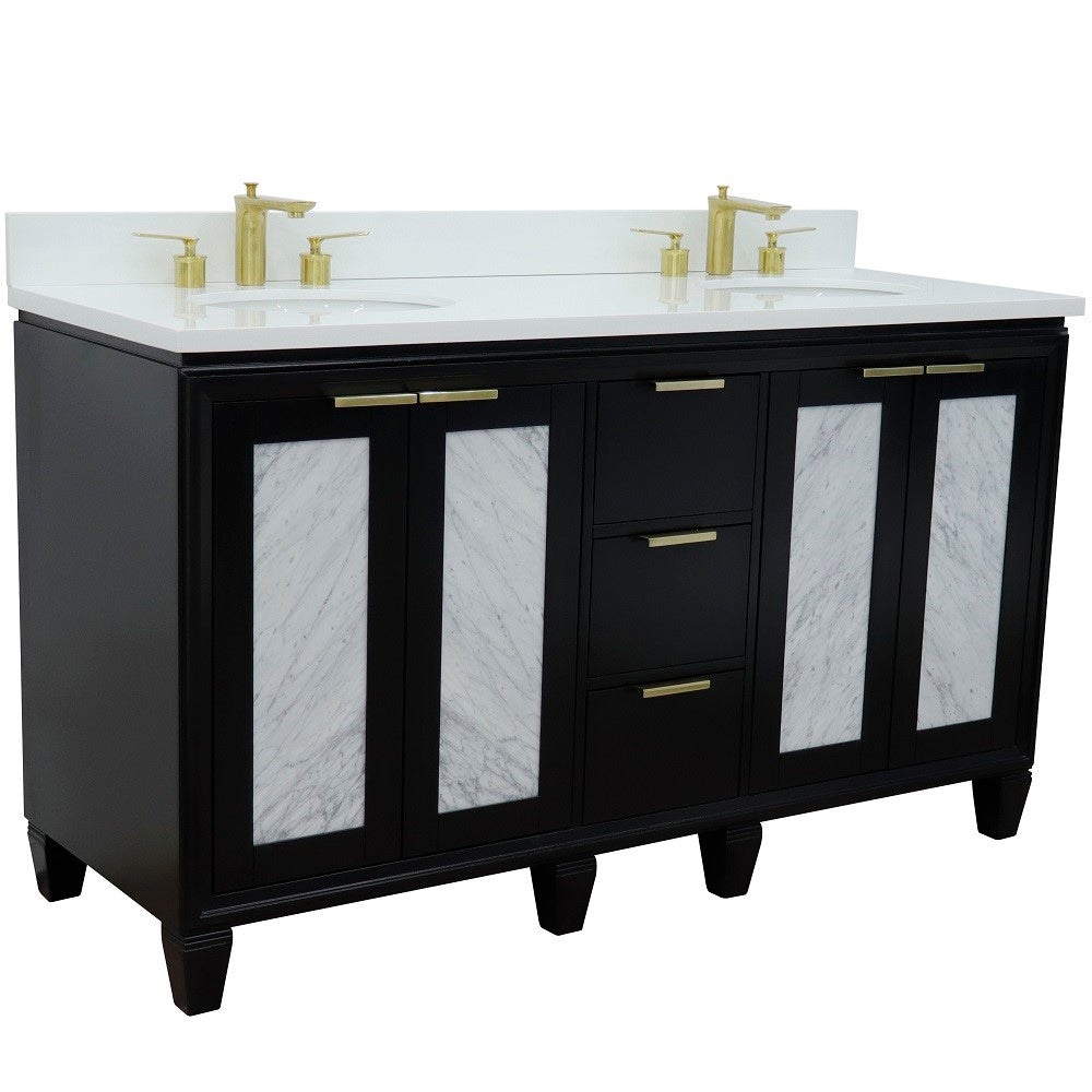 Trento 61 in. Double Sink Vanity in Black Finish with White Engineered Stone Top, Oval Sinks