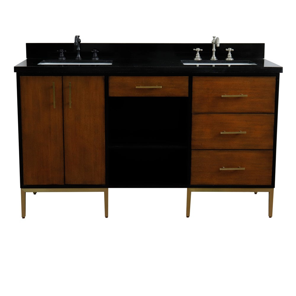 61 in. Double Sink Vanity in Walnut and Black Finish and Black Galaxy Granite and Rectangle Sinks, Trento Collection