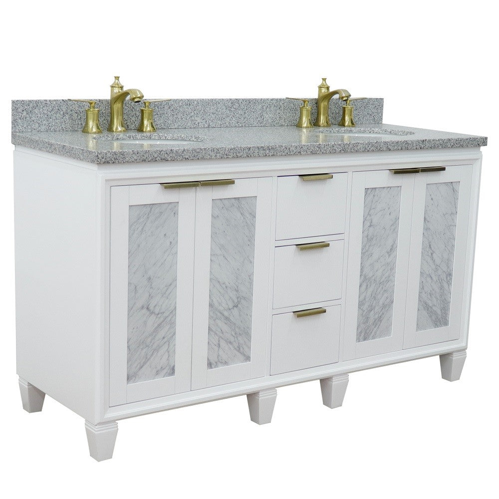 61 in. Double Sink Vanity in White Finish with Gray Granite and Oval Sink, Trento Collections