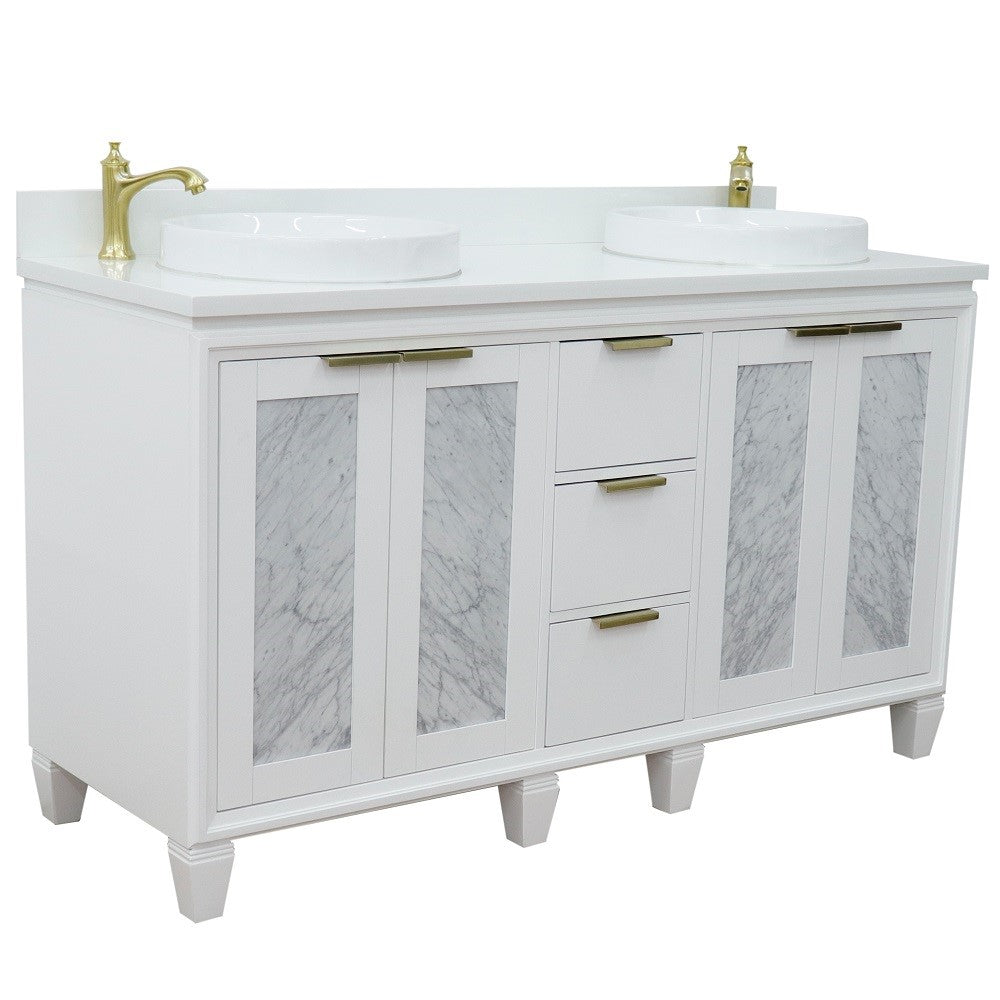 Trento 61 in. Double Sink Vanity in White Finish with White Engineered Stone Top, Round Sinks