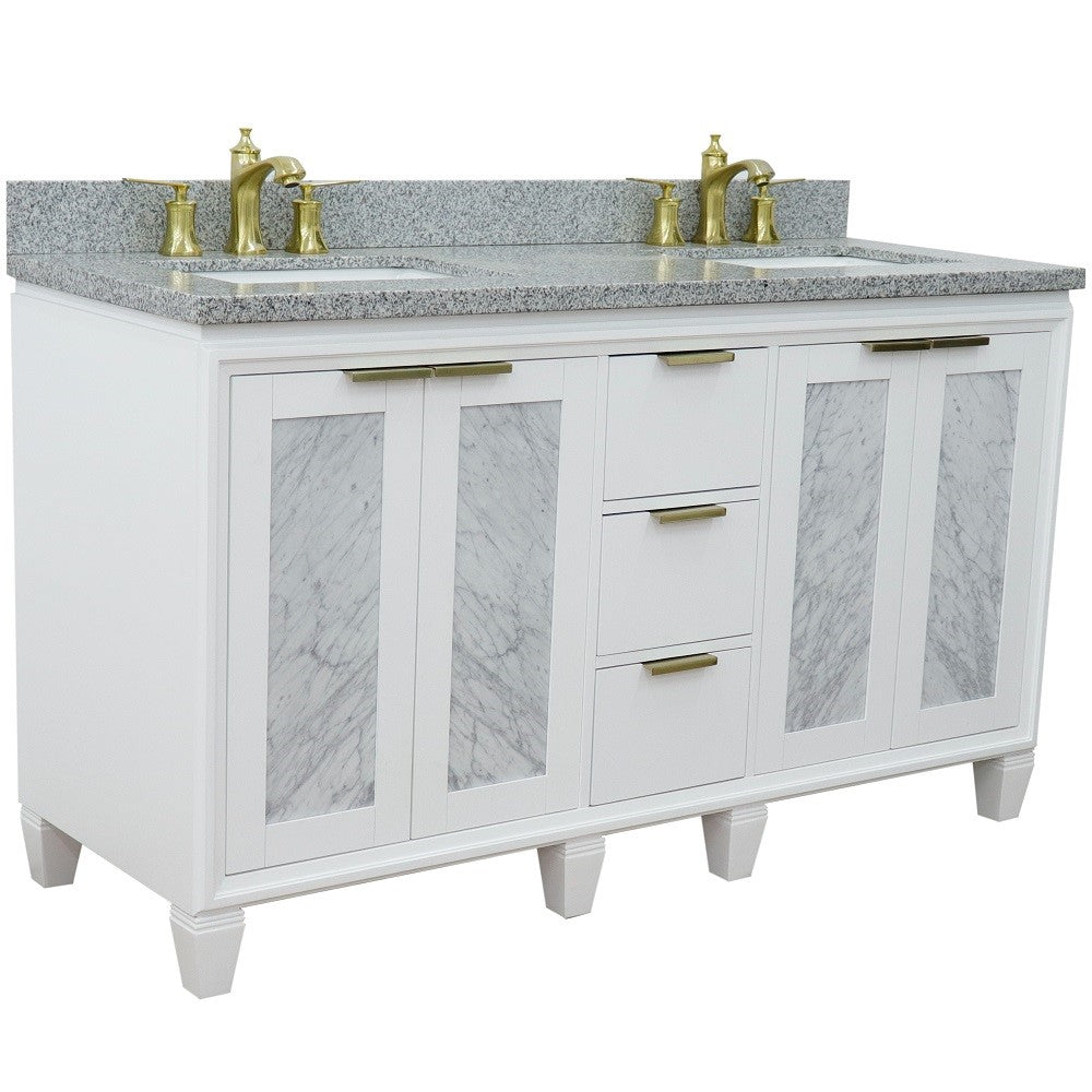 61 in. Double Sink Vanity in White Finish with Gray Granite and Rectangle Sinks, Trento Collection