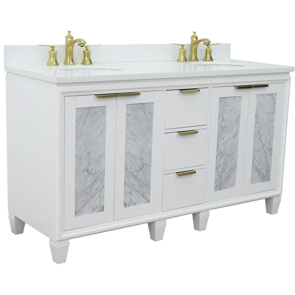 Trento 61 in. Double Sink Vanity in White Finish with White Engineered Stone Top, Oval Sinks