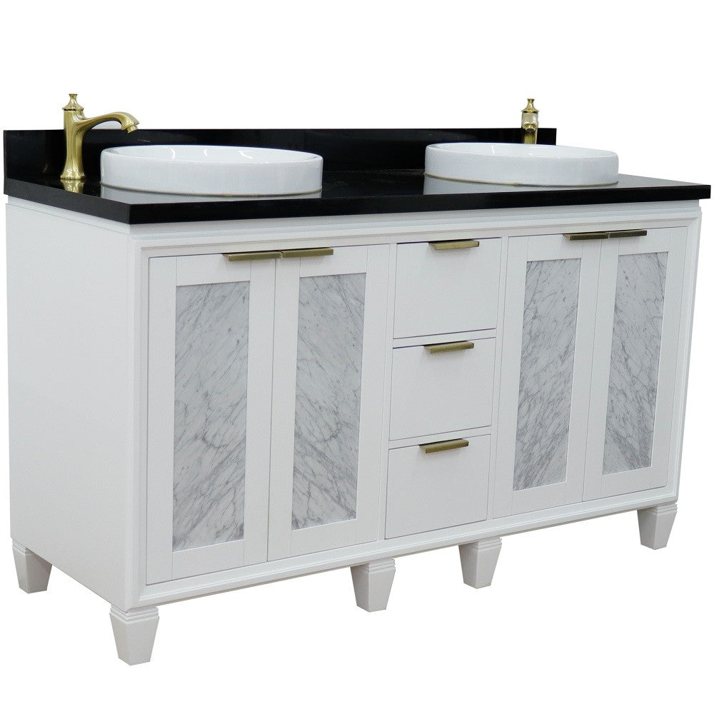 61 in. Double Sink Vanity in White Finish with Black Galaxy Granite and Round Sink, Trento Collections