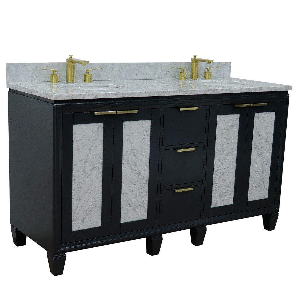 61 in. Double Sink Vanity in Dark Gray Finish with White Carrara Marble and Oval Sink, Trento Collections