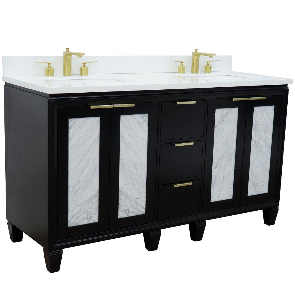 Trento 61 in. Double Sink Vanity in Black Finish with White Engineered Stone Top, Rectangle Sinks