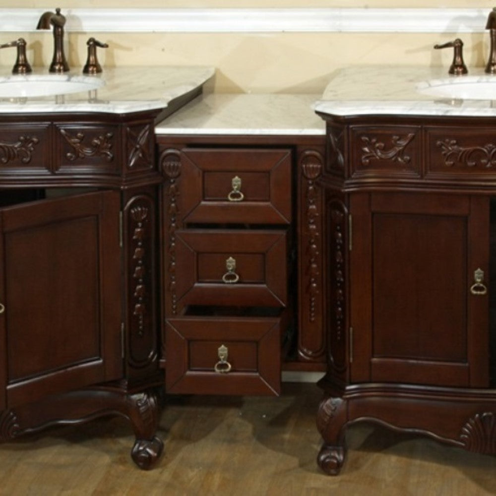 82.7 in. Double Sink Vanity-Walnut-White Marble