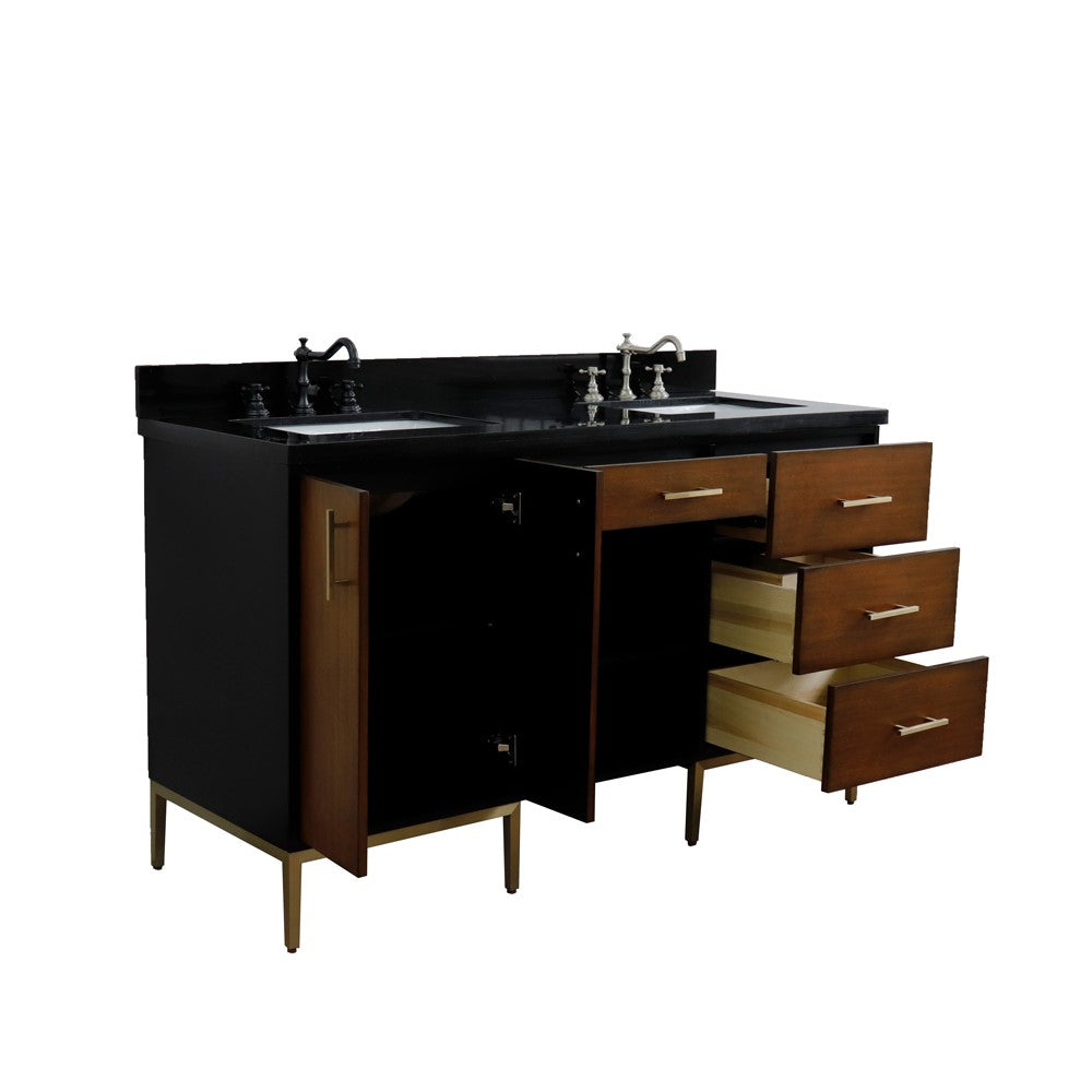 61 in. Double Sink Vanity in Walnut and Black Finish and Black Galaxy Granite and Rectangle Sinks, Trento Collection