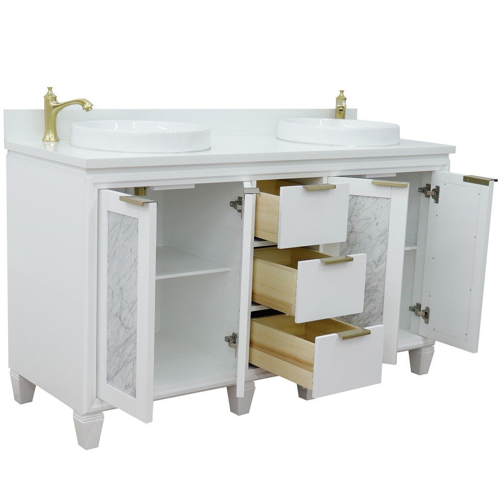 Trento 61 in. Double Sink Vanity in White Finish with White Engineered Stone Top, Round Sinks