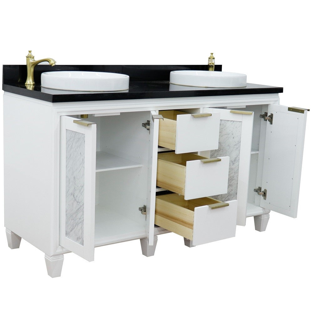 61 in. Double Sink Vanity in White Finish with Black Galaxy Granite and Round Sink, Trento Collections