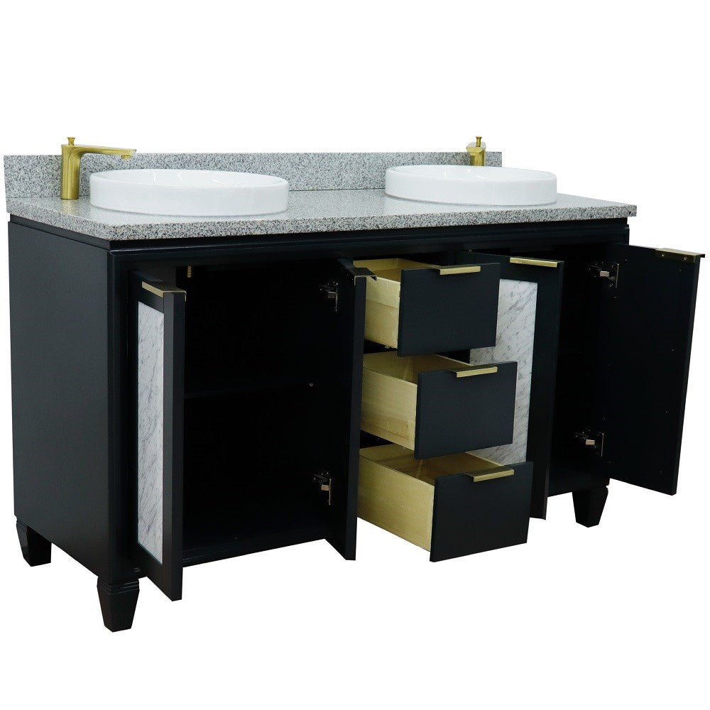 61 in. Double Sink Vanity in Dark Gray Finish with Gray Granite and Round Sink, Trento Collections