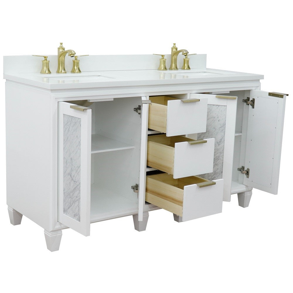 Trento 61 in. Double Sink Vanity in White Finish with White Engineered Stone Top, Rectangle Sinks