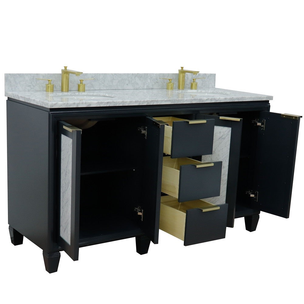 61 in. Double Sink Vanity in Dark Gray Finish with White Carrara Marble and Oval Sink, Trento Collections