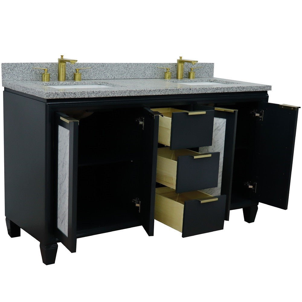 61 in. Double Sink Vanity in Dark Gray Finish with Gray Granite and Rectangle Sinks, Trento Collection