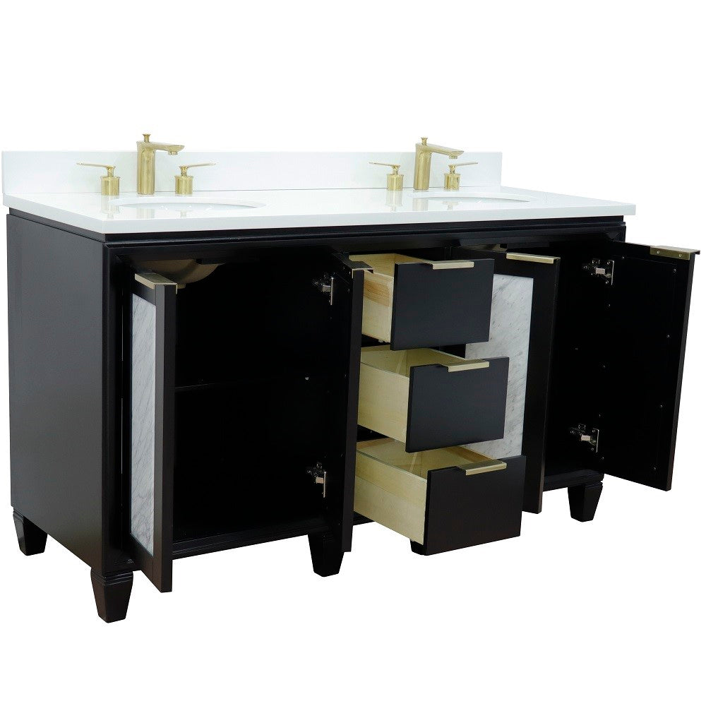 Trento 61 in. Double Sink Vanity in Black Finish with White Engineered Stone Top, Oval Sinks