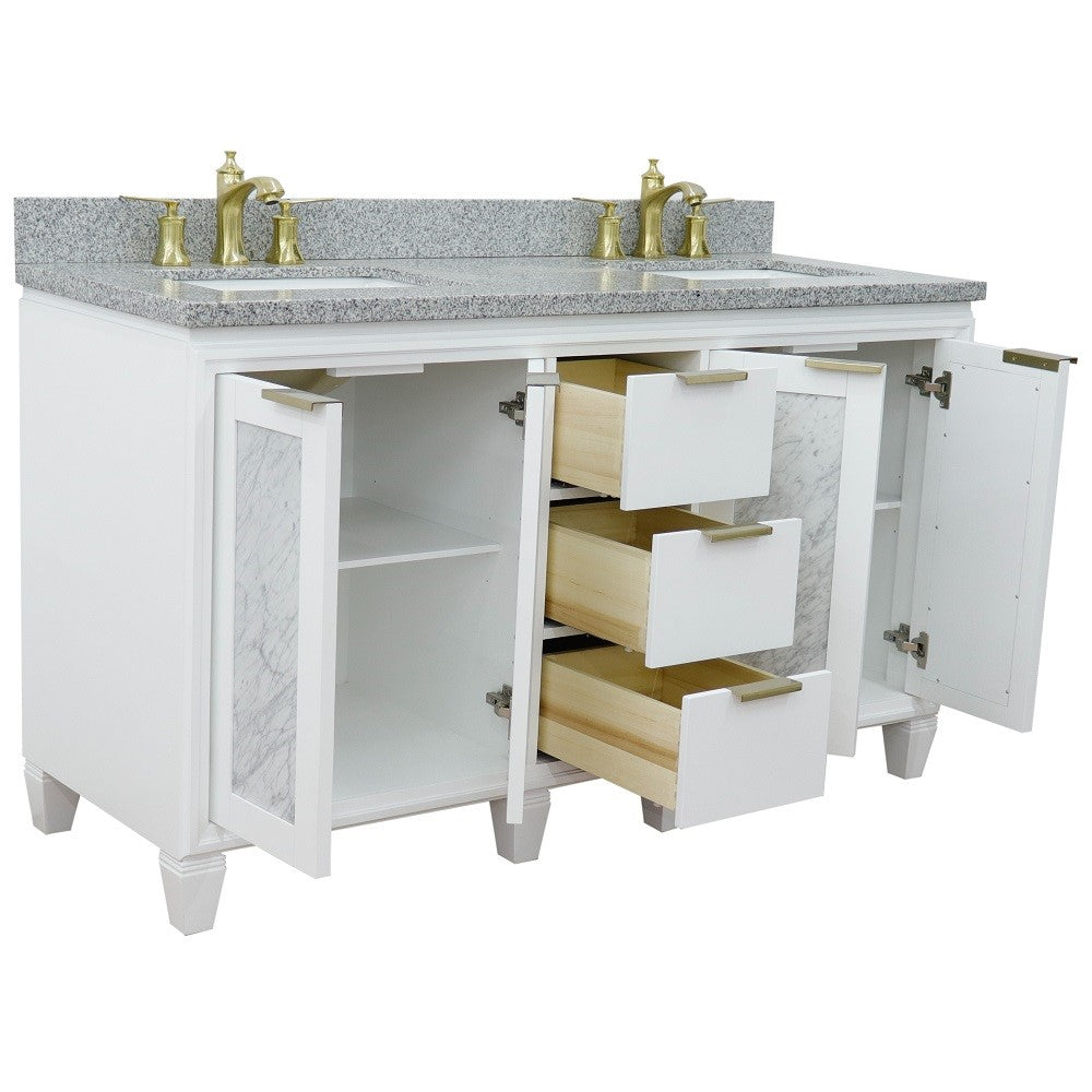 61 in. Double Sink Vanity in White Finish with Gray Granite and Rectangle Sinks, Trento Collection