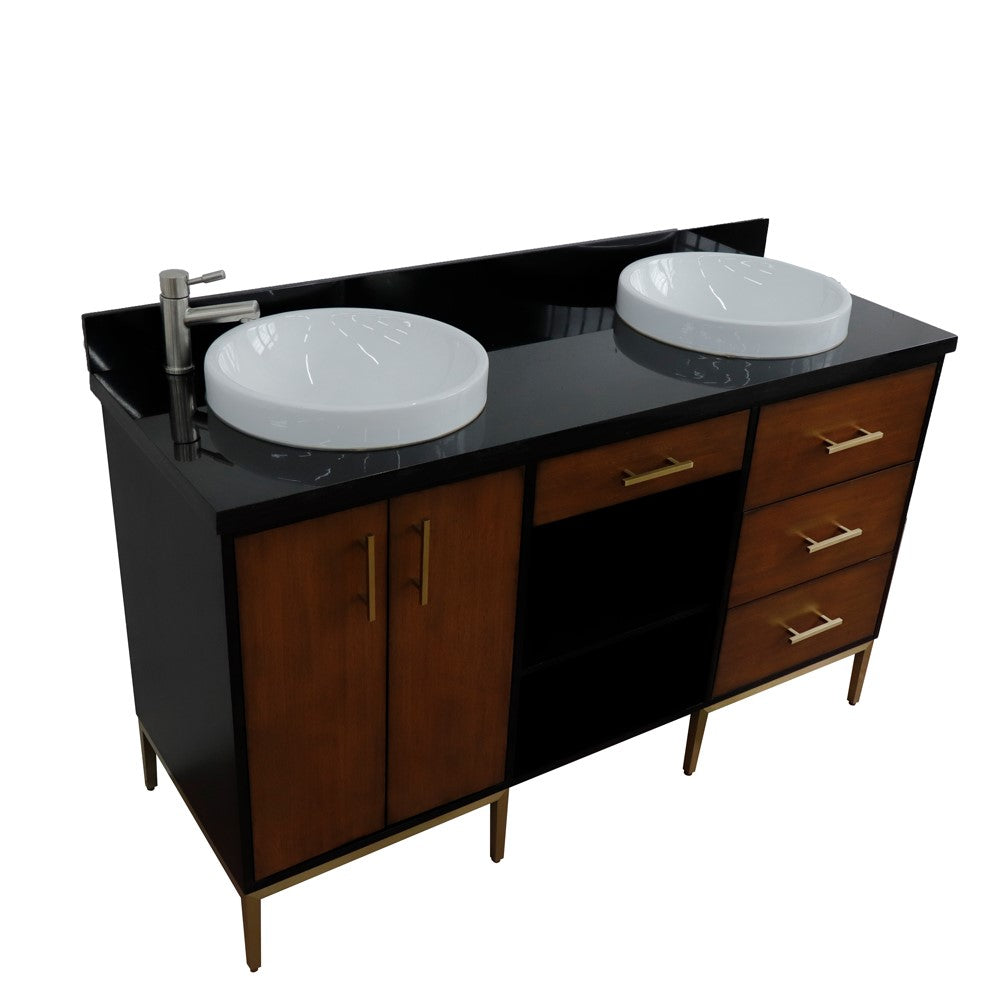 61 in. Double Sink Vanity in Walnut and Black Finish and Black Galaxy Granite and Round Sinks, Trento Collection