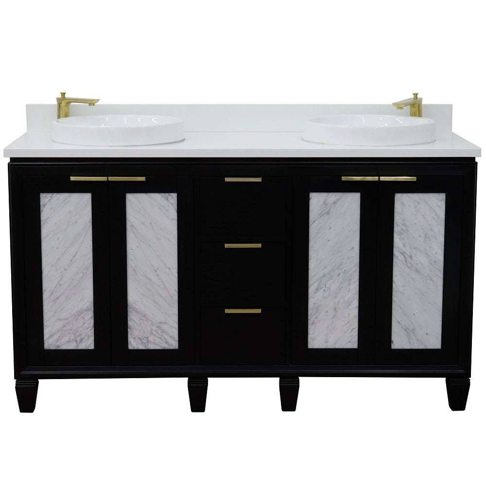 Trento 61 in. Double Sink Vanity in Black Finish with White Engineered Stone Top, Round Sinks