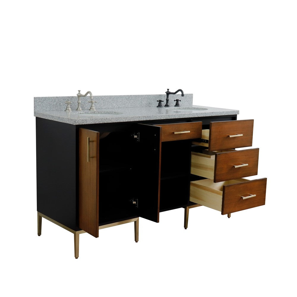 61 in. Double Sink Vanity in Walnut and Black Finish and Gray Granite and Oval Sinks