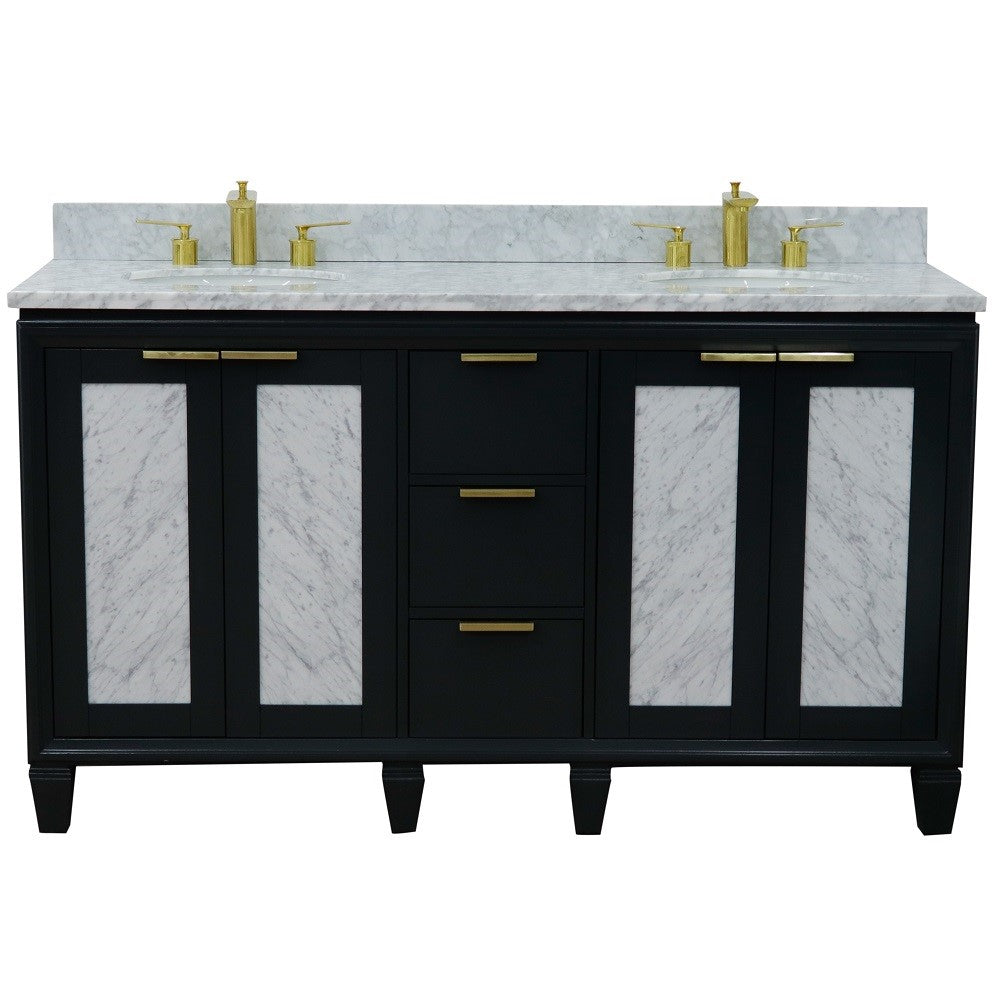 61 in. Double Sink Vanity in Dark Gray Finish with White Carrara Marble and Oval Sink, Trento Collections