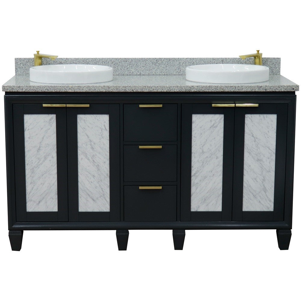 61 in. Double Sink Vanity in Dark Gray Finish with Gray Granite and Round Sink, Trento Collections