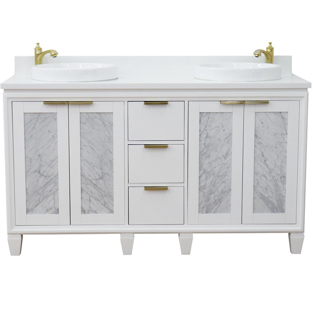 Trento 61 in. Double Sink Vanity in White Finish with White Engineered Stone Top, Round Sinks