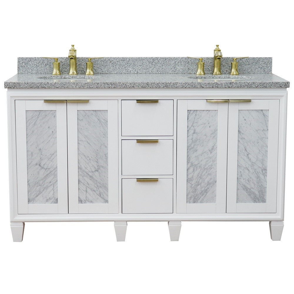 61 in. Double Sink Vanity in White Finish with Gray Granite and Oval Sink, Trento Collections