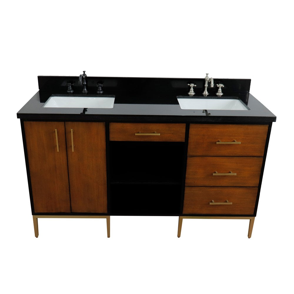61 in. Double Sink Vanity in Walnut and Black Finish and Black Galaxy Granite and Rectangle Sinks, Trento Collection
