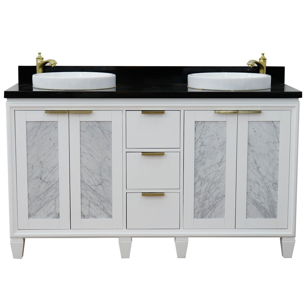61 in. Double Sink Vanity in White Finish with Black Galaxy Granite and Round Sink, Trento Collections