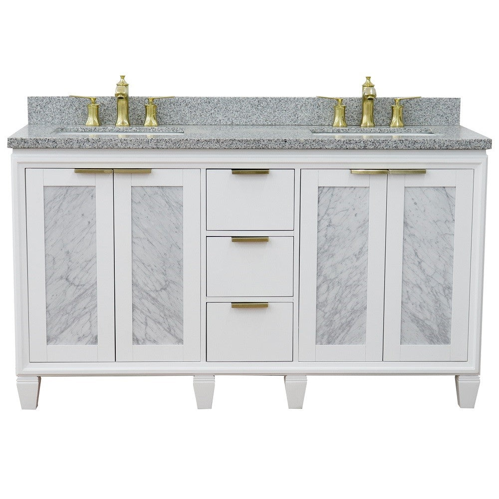61 in. Double Sink Vanity in White Finish with Gray Granite and Rectangle Sinks, Trento Collection