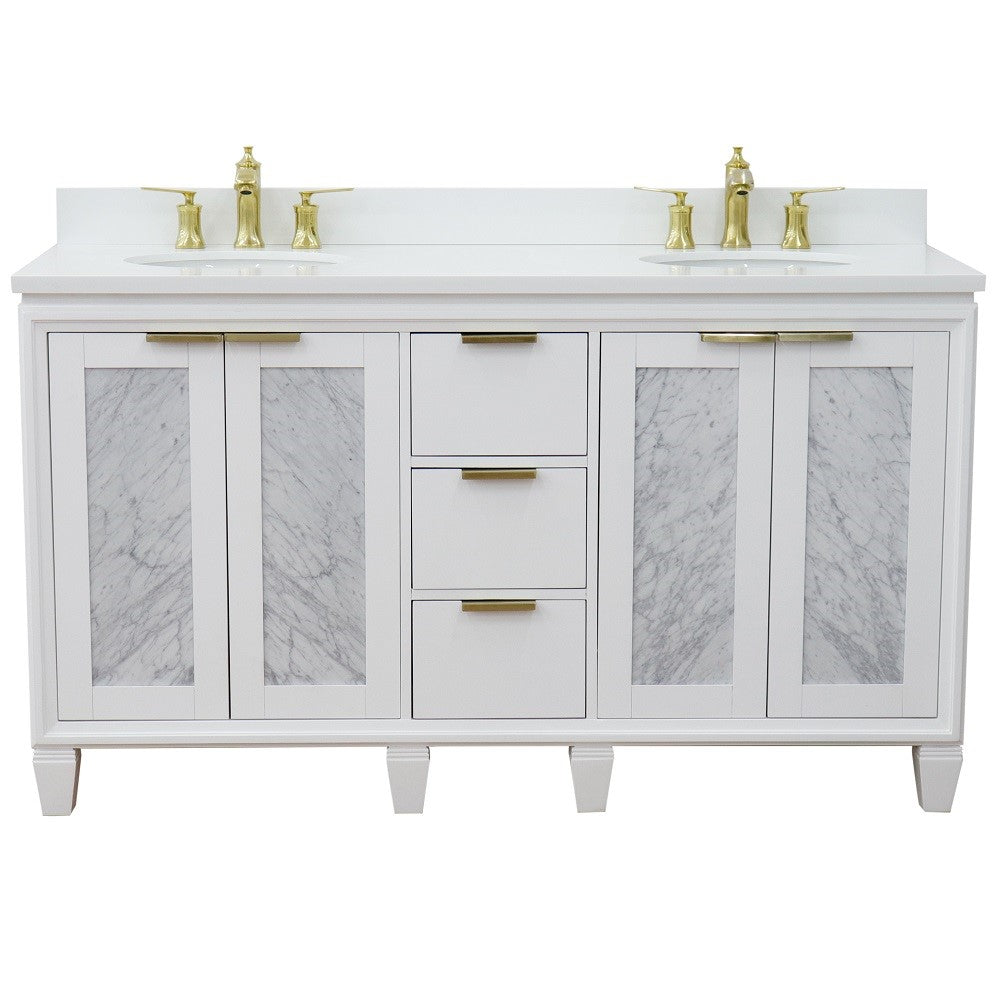 Trento 61 in. Double Sink Vanity in White Finish with White Engineered Stone Top, Oval Sinks