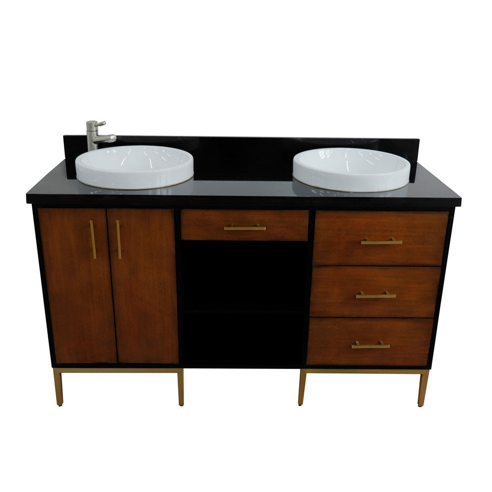 61 in. Double Sink Vanity in Walnut and Black Finish and Black Galaxy Granite and Round Sinks, Trento Collection