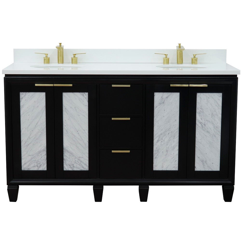 Trento 61 in. Double Sink Vanity in Black Finish with White Engineered Stone Top, Oval Sinks