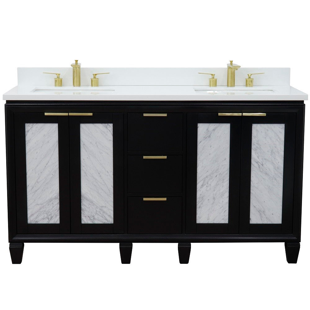 Trento 61 in. Double Sink Vanity in Black Finish with White Engineered Stone Top, Rectangle Sinks