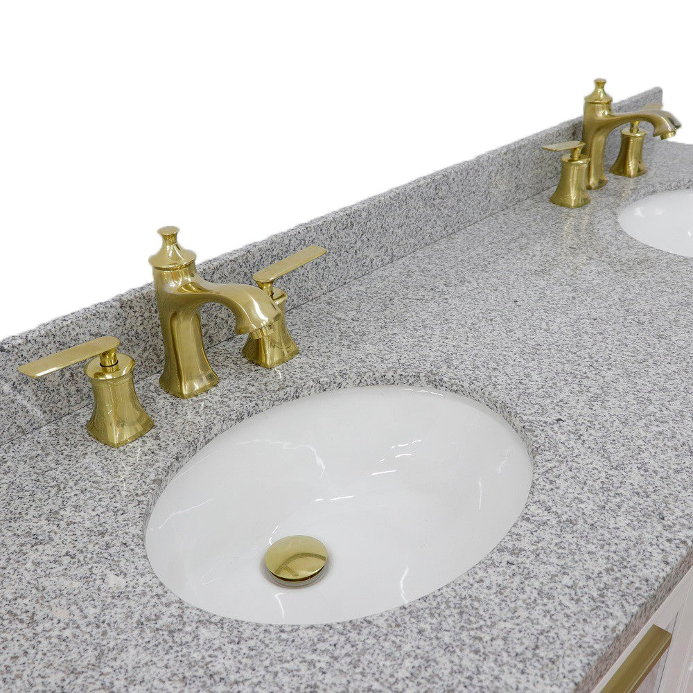 61 in. Double Sink Vanity in White Finish with Gray Granite and Oval Sink, Trento Collections