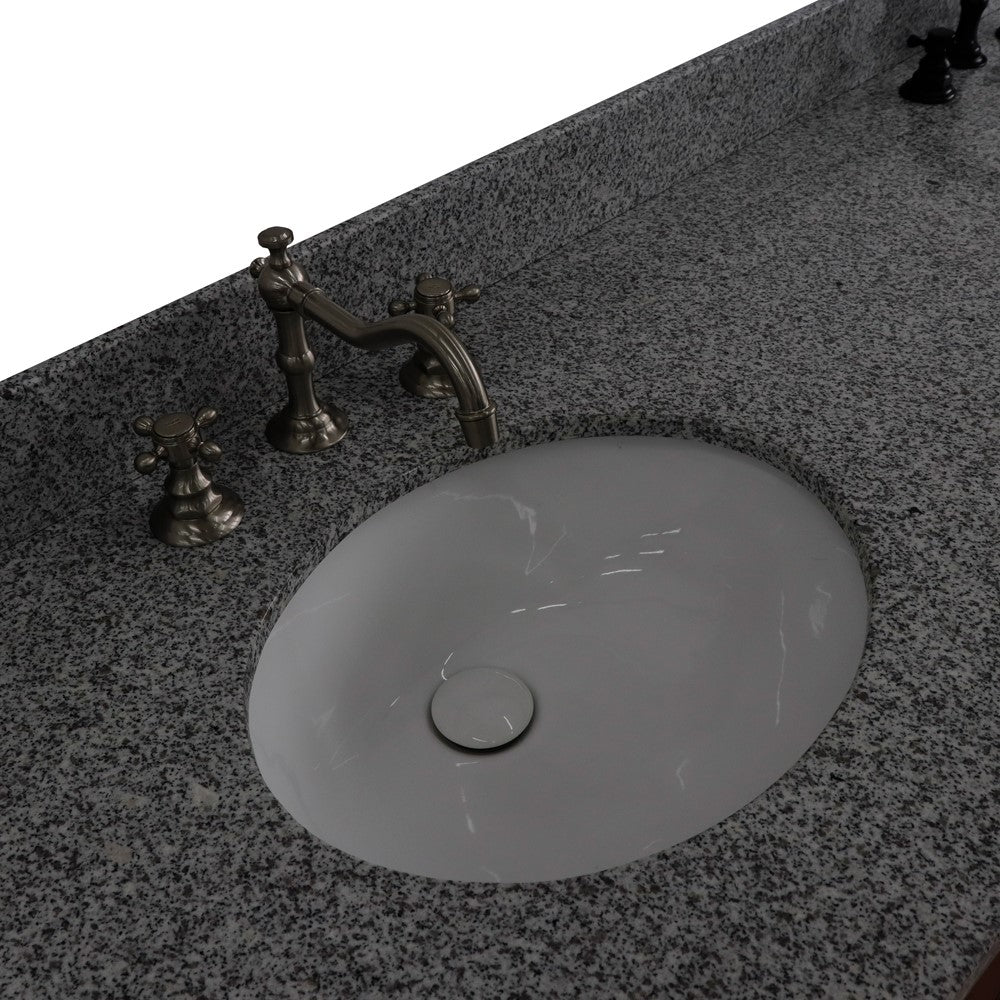 61 in. Double Sink Vanity in Walnut and Black Finish and Gray Granite and Oval Sinks