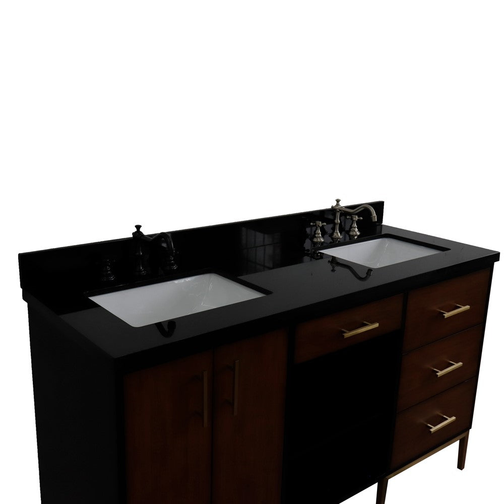 61 in. Double Sink Vanity in Walnut and Black Finish and Black Galaxy Granite and Rectangle Sinks, Trento Collection